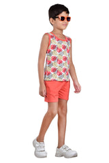 Clothe Funn Boys Leaf Printed Sleeveless T-Shirt & Shorts Set, White/Coral
Sleeveless T-Shirt & Shorts
