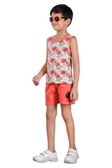 Clothe Funn Boys Leaf Printed Sleeveless T-Shirt & Shorts Set, White/Coral
Sleeveless T-Shirt & Shorts