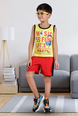 Clothe Funn Boys Music Printed Sleeveless T-Shirt & Shorts Set, Yellow/Red
Sleeveless T-Shirt & Shorts