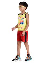Clothe Funn Boys Music Printed Sleeveless T-Shirt & Shorts Set, Yellow/Red
Sleeveless T-Shirt & Shorts