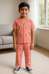 Clothe Funn Unisex Cotton Printed Night Suit, Peach Amber