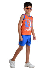 Clothe Funn Boys Sport Printed Sleeveless T-Shirt & Shorts Set, Orange/T.Blue
Sleeveless T-Shirt & Shorts