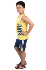 Clothe Funn Boys Surf Printed Sleeveless T-Shirt & Shorts Set, Sunshine Yellow/Navy
Sleeveless T-Shirt & Shorts