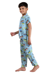 Clothe Funn Boys Truck Printed Night Suit, Sky Blue
Half Sleeve Shirt & Full Pant