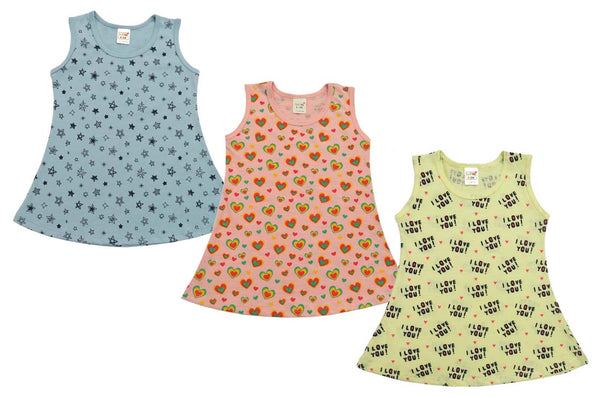 Clothe Funn Baby Girls Sleeveless Printed Frock Combo:-4 Lemon/Peach/Blue  (Pack Of 3)