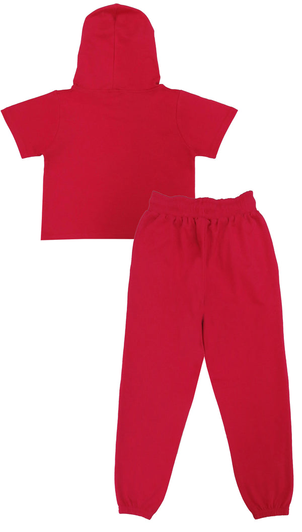 clothe Funn Girls Co-Ord Set, Hooded Half Sleeve Sweatshirt & Track Pant Set, Fuschia