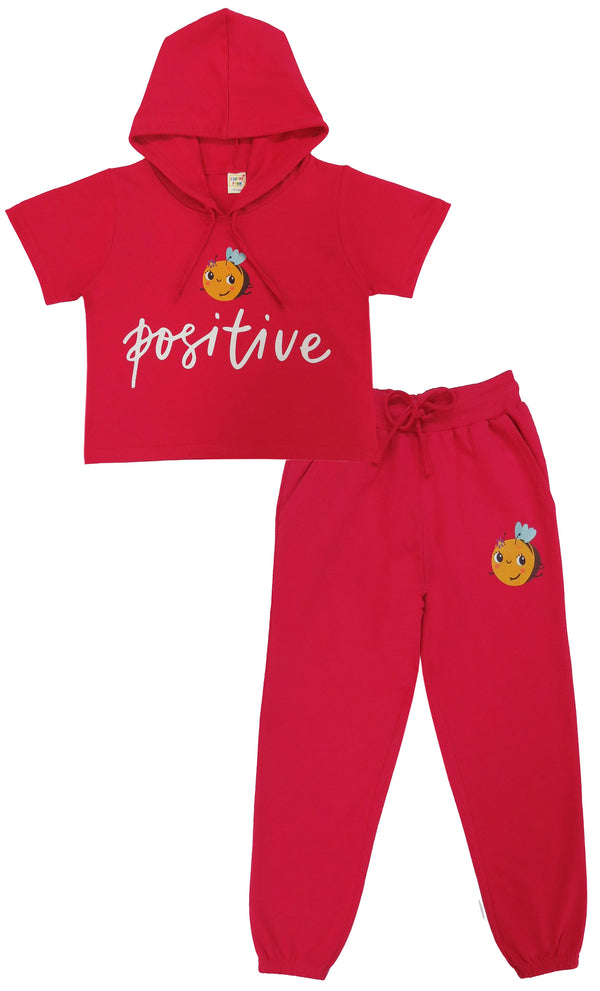 clothe Funn Girls Co-Ord Set, Hooded Half Sleeve Sweatshirt & Track Pant Set, Fuschia