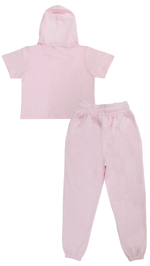 clothe Funn Girls Co-Ord Set, Hooded Half Sleeve Sweatshirt & Track Pant Set, Lt.Pink