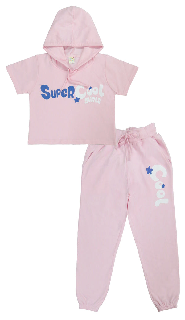 clothe Funn Girls Co-Ord Set, Hooded Half Sleeve Sweatshirt & Track Pant Set, Lt.Pink