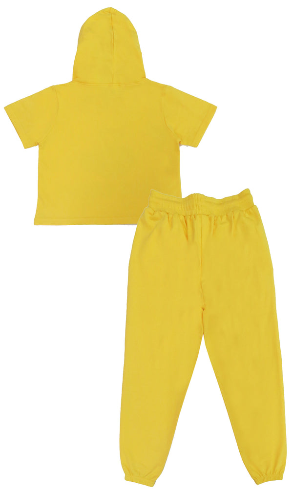 clothe Funn Girls Co-Ord Set, Hooded Half Sleeve Sweatshirt & Track Pant Set, Yellow