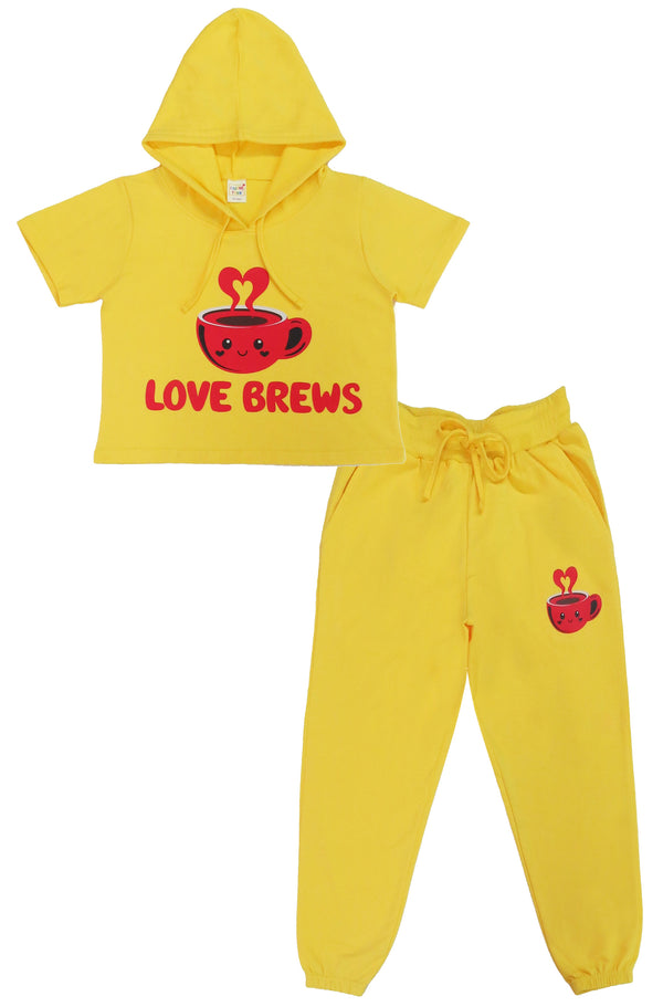 clothe Funn Girls Co-Ord Set, Hooded Half Sleeve Sweatshirt & Track Pant Set, Yellow