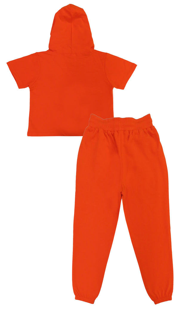 clothe Funn Girls Co-Ord Set, Hooded Half Sleeve Sweatshirt & Track Pant Set, Orange