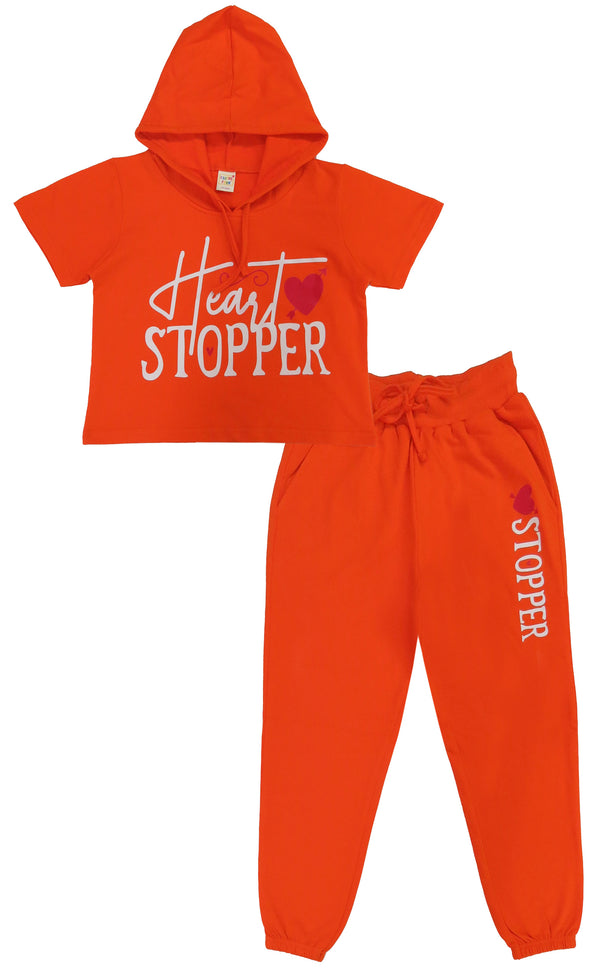 clothe Funn Girls Co-Ord Set, Hooded Half Sleeve Sweatshirt & Track Pant Set, Orange