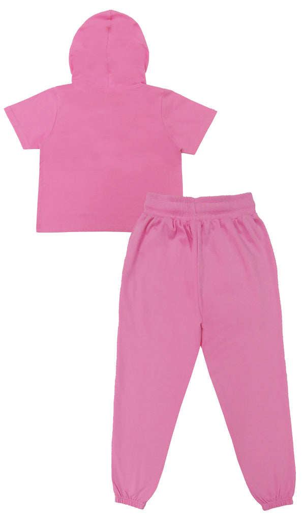 lothe Funn Girls Track Suit, Hood Half Sleeve Jacket & Track Pant Set, Pink