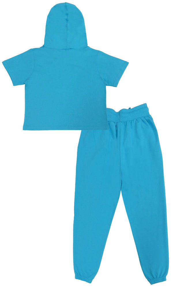 clothe Funn Girls Co-Ord Set, Hooded Half Sleeve Sweatshirt & Track Pant Set, T.Blue