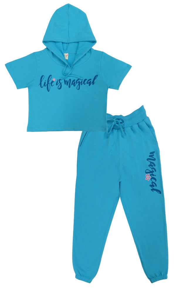 clothe Funn Girls Co-Ord Set, Hooded Half Sleeve Sweatshirt & Track Pant Set, T.Blue