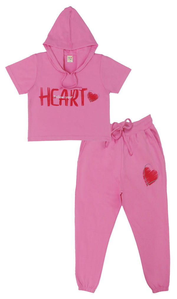 lothe Funn Girls Track Suit, Hood Half Sleeve Jacket & Track Pant Set, Pink