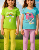Clothe Funn Girls Nightwear Set, T.Blue/Pink Dotted & Neon Green & Yellow(Pack of 2 Set)