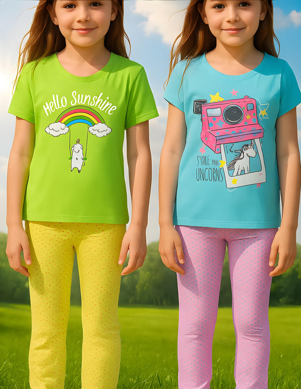 Clothe Funn Girls Nightwear Set, T.Blue/Pink Dotted & Neon Green & Yellow(Pack of 2 Set)