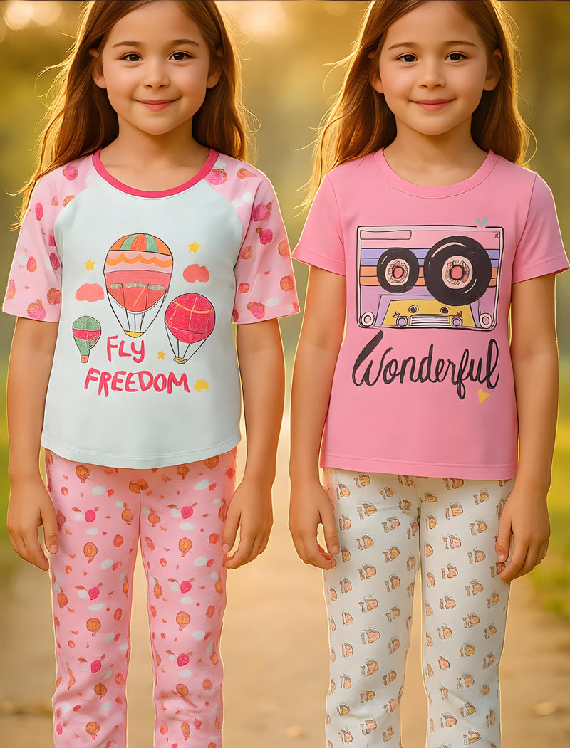 Clothe Funn Girls Nightwear Set, Pink/Off white & White/Pink AOP (Pack of 2 Set)