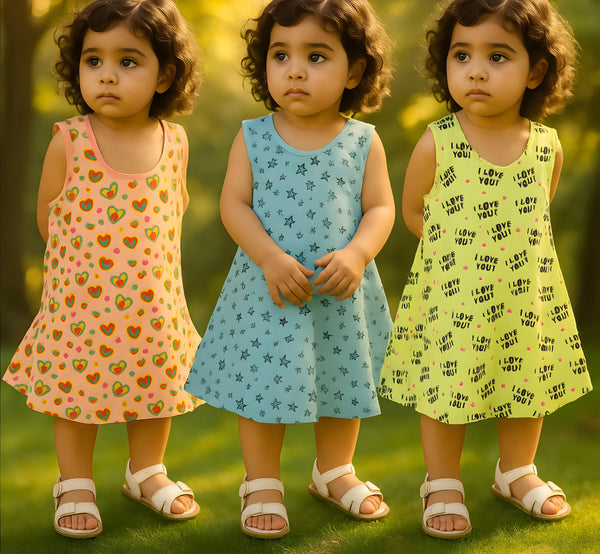 Clothe Funn Baby Girls Sleeveless Printed Frock Combo:-4 Lemon/Peach/Blue  (Pack Of 3)
