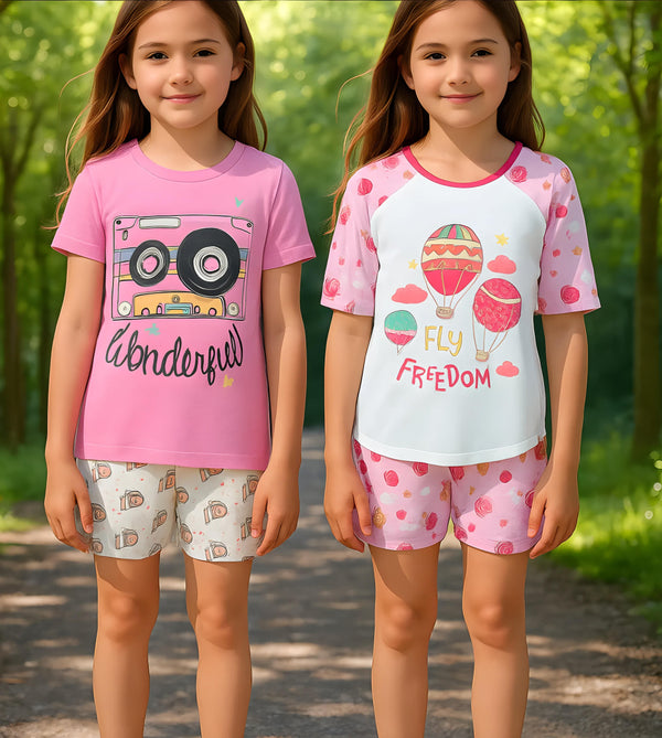Clothe Funn Girls Co-Ordinate Set, Pink/Off white & White/Pink AOP (Pack of 2 Set)