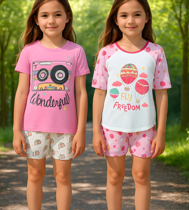 Clothe Funn Girls Co-Ordinate Set, Pink/Off white & White/Pink AOP (Pack of 2 Set)