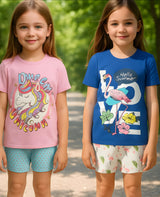 Clothe Funn Girls Co-Ord Set, Shorts Set, Baby Pink, T.Blue & Royal Blue, White  (Pack of 2 Set)