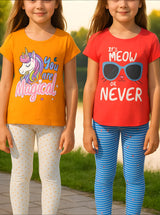 Clothe Funn Girls Nightwear Set, Orange/Off white & Coral/White (Pack of 2 Set)