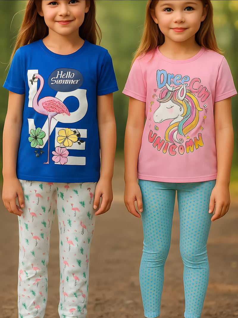 Clothe Funn Girls Nightwear Set, Baby Pink/T.Blue & Royal Blue/White (Pack of 2 Set)