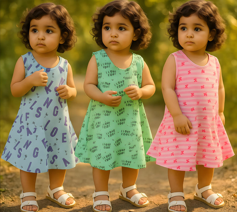 Clothe Funn Baby Girls Sleeveless Printed Frock Combo:-1 Mint/Sky Blue/Pink (Pack Of 3)