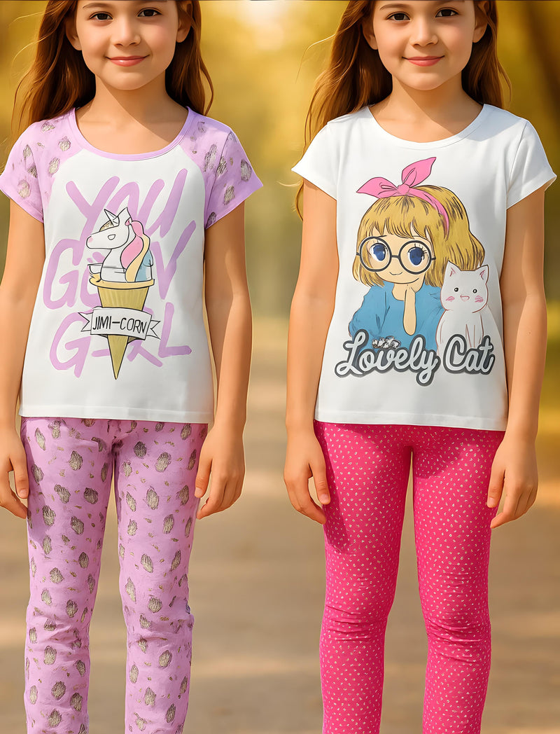 Clothe Funn Girls Nightwear Set, Off White/D.Pink & White & Purple AOP (Pack of 2 Set)