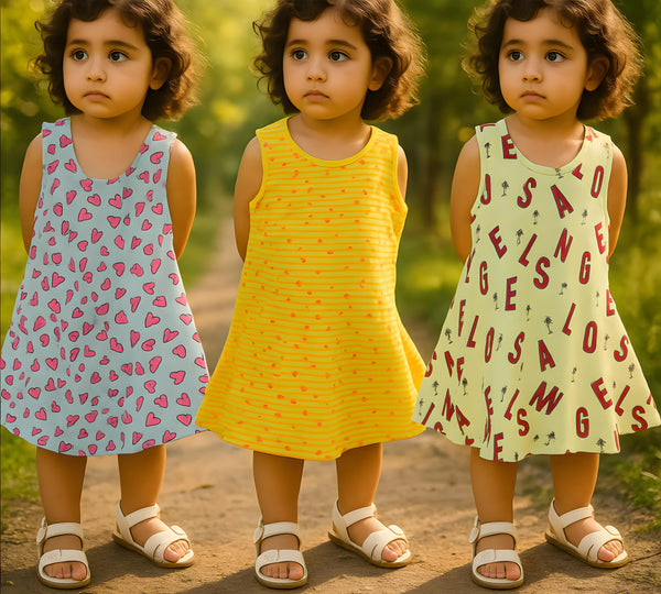 Clothe Funn Baby Girls Sleeveless Printed Frock Combo:-2 Lemon/Sky Blue/Gold(Pack Of 3)