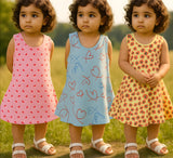 Clothe Funn Baby Girls Sleeveless Printed Frock Combo:-3 Lemon/Pink/S.Blue (Pack Of 3)