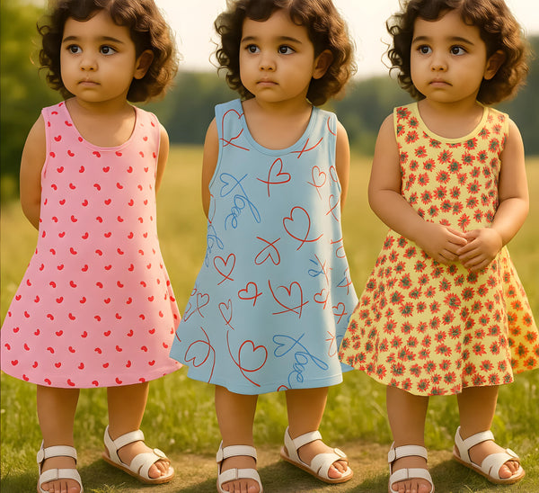 Clothe Funn Baby Girls Sleeveless Printed Frock Combo:-3 Lemon/Pink/S.Blue (Pack Of 3)