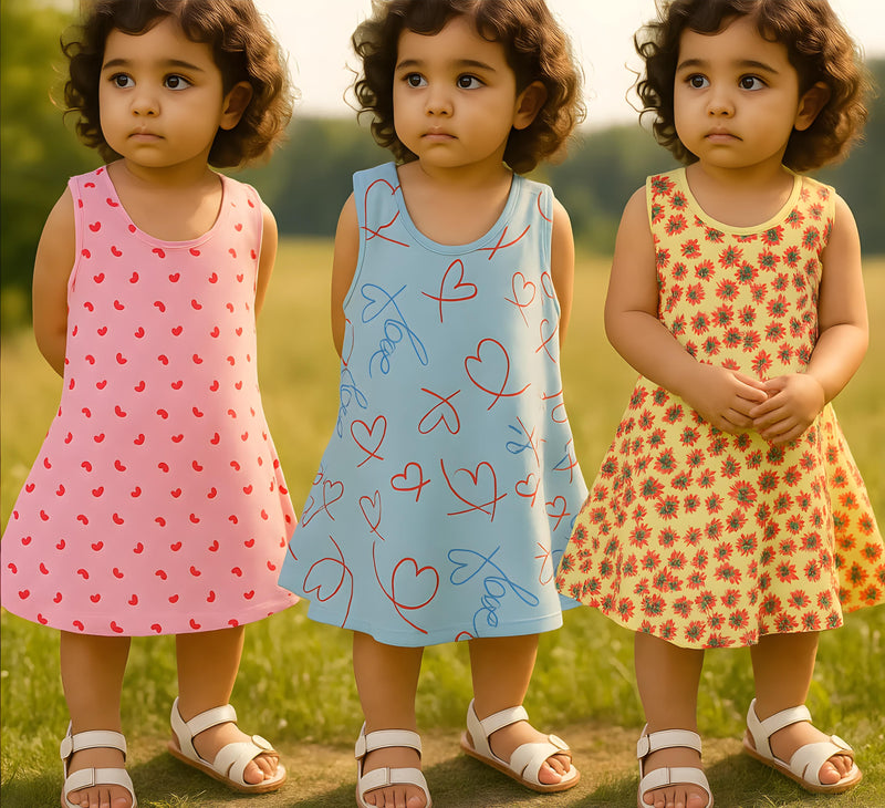 Clothe Funn Baby Girls Sleeveless Printed Frock Combo:-3 Lemon/Pink/S.Blue (Pack Of 3)