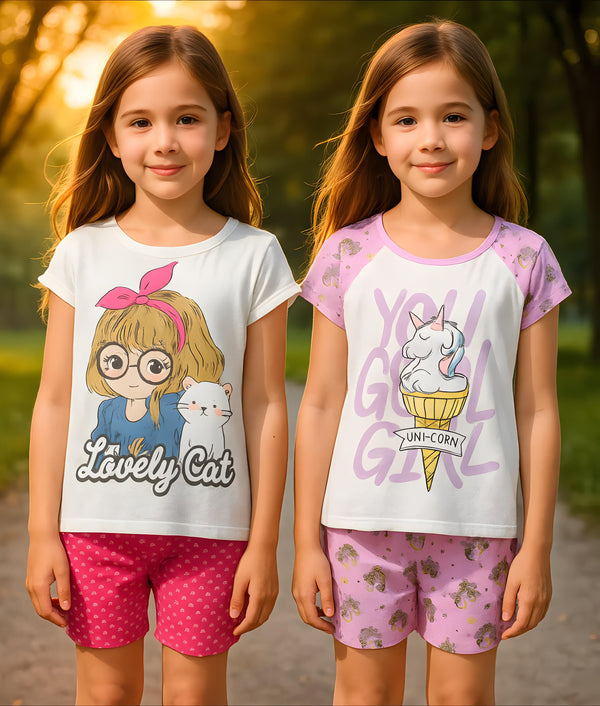 Clothe Funn Girls Co-Ordinate Set, Short Set, Off White/D.Pink & White & Purple AOP (Pack of 2 Set)