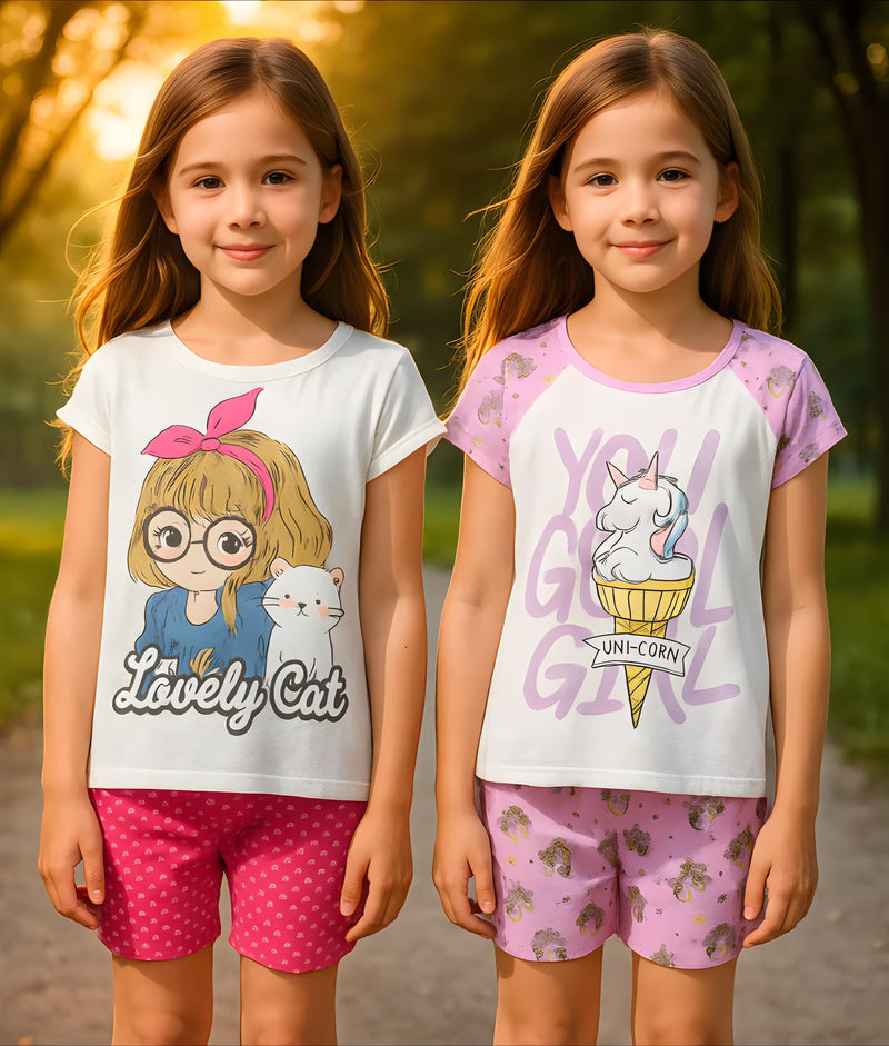 Clothe Funn Girls Co-Ordinate Set, Short Set, Off White/D.Pink & White & Purple AOP (Pack of 2 Set)