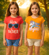 Clothe Funn Girls Co-Ord Set, Shorts Set, Orange/Off white & Coral/White (Pack of 2 Set)