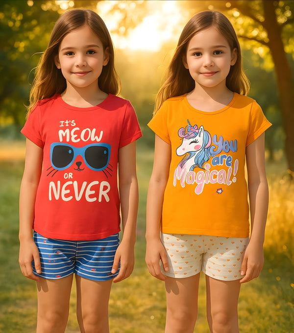 Clothe Funn Girls Co-Ord Set, Shorts Set, Orange/Off white & Coral/White (Pack of 2 Set)