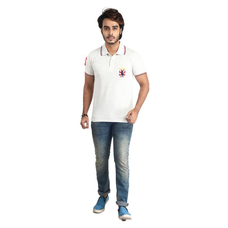 Clothe Funn Mens Polo T-Shirt Embroidery, Ecru Melange