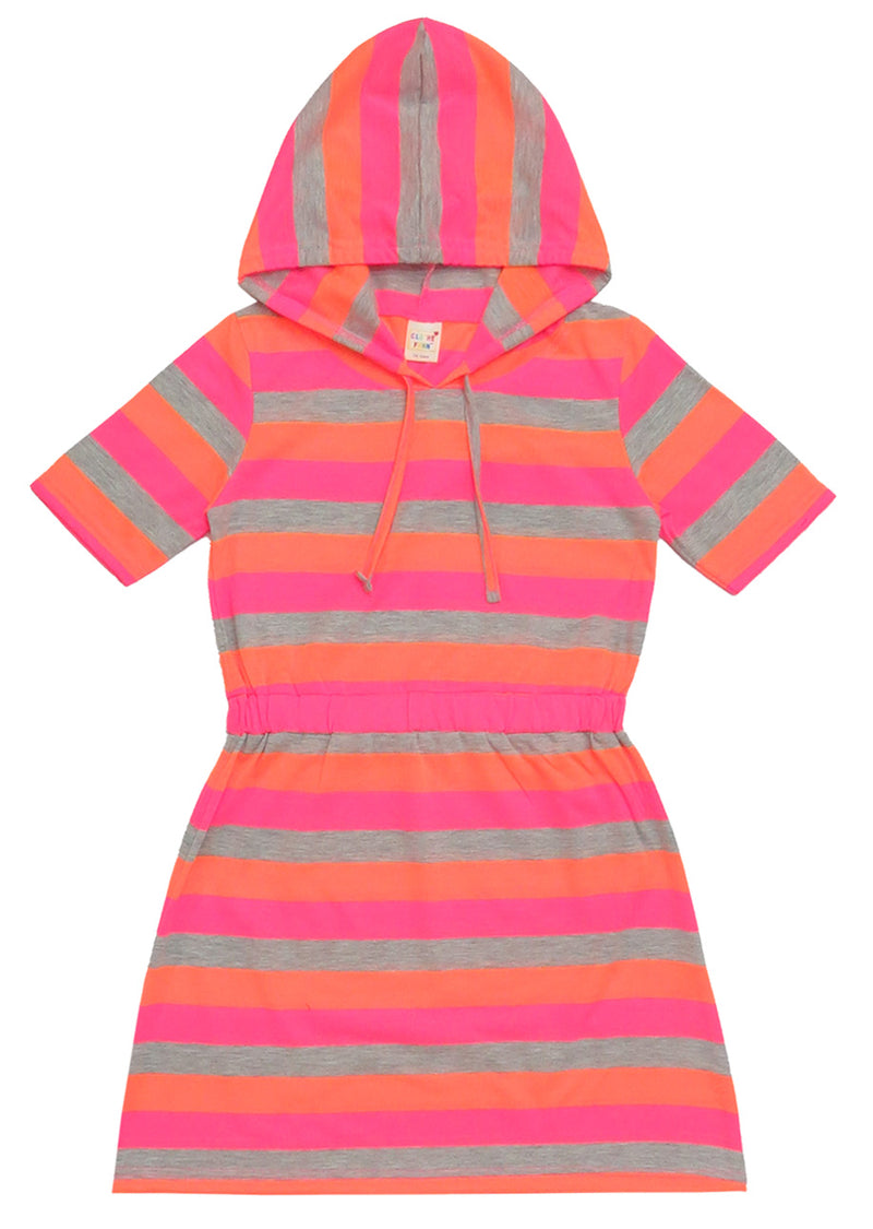Clothe Funn Girls Hooded Frock, Pink & Orange Stripes