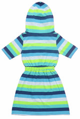 Clothe Funn Girls Hooded Frock, Navy & T.Blue Stripes