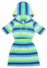 Clothe Funn Girls Hooded Frock, Navy & T.Blue Stripes