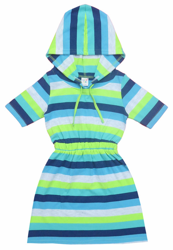 Clothe Funn Girls Hooded Frock, Navy & T.Blue Stripes