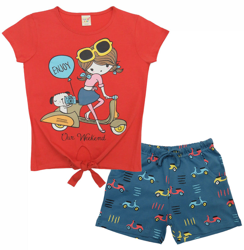 Clothe Funn  All-over printed Half Sleeve Girls Co-Ord Set, Coral & Air Force AOP