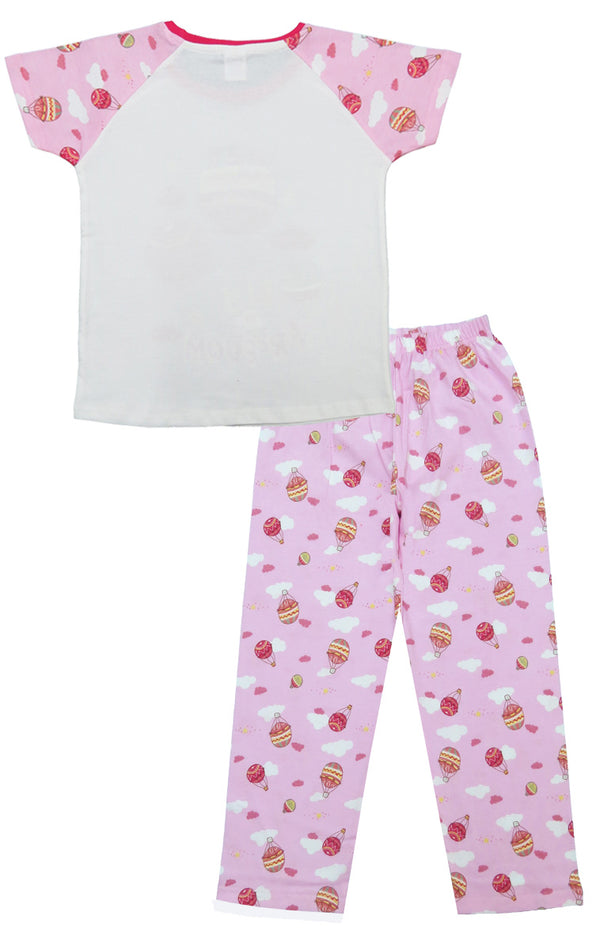 Clothe Funn Girls Printed Cotton Half Sleeves T-Shirt & Full Pant Nightwear Set, White & Pink AOP