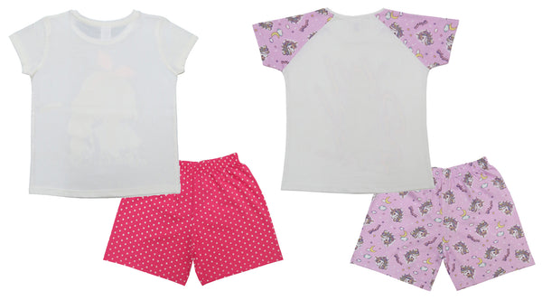 Clothe Funn Girls Co-Ordinate Set, Short Set, Off White/D.Pink & White & Purple AOP (Pack of 2 Set)