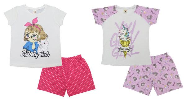 Clothe Funn Girls Co-Ordinate Set, Short Set, Off White/D.Pink & White & Purple AOP (Pack of 2 Set)