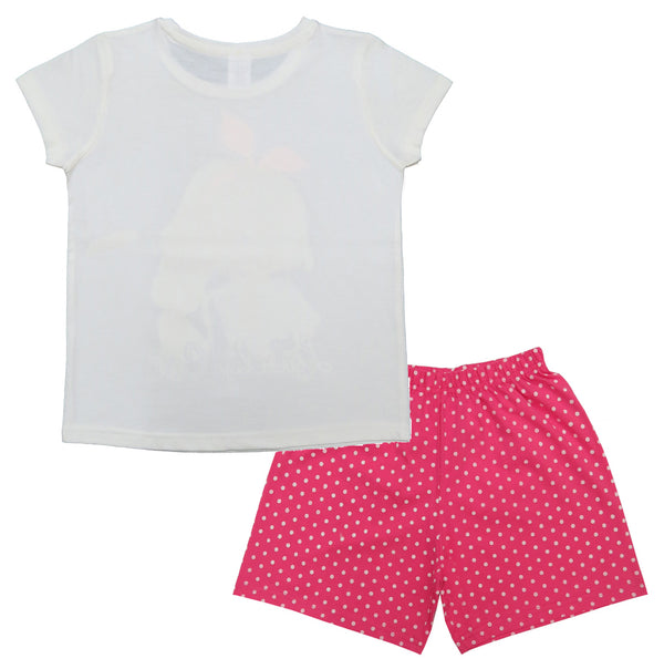 Clothe Funn Girls Cotton Nightwear Set, Off White & Pink